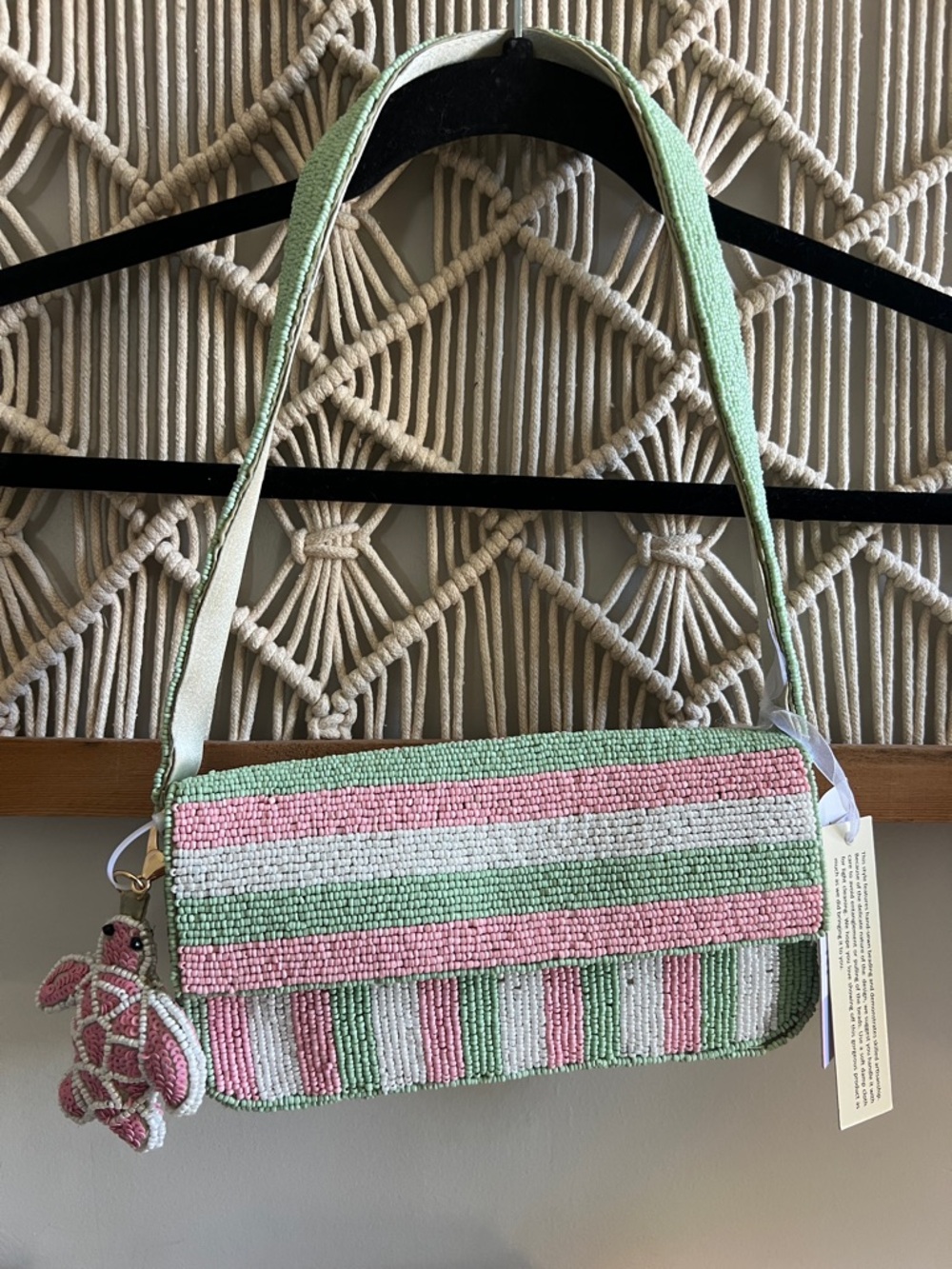 Beaded Pink & Green Striped Shoulder Bag With Pink Turtle Charm